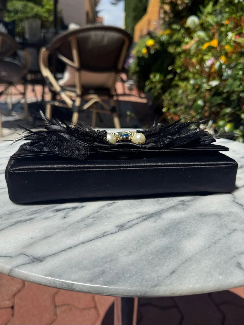 NWT Chanel Pearl, Feathers and Jewel Embellished Black Satin Evening Clutch